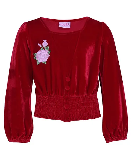 Cutecumber Full Sleeves Rose Embroidered Top - Red