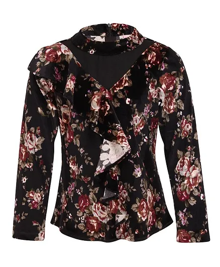 Cutecumber Full Sleeves Floral Printed Top - Black