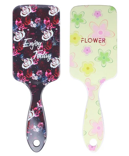Cutecumber Set Of 2 Floral Print Hair Brush - Yellow Black