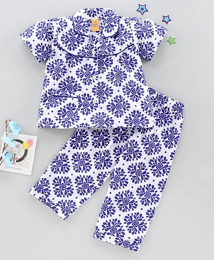 Yellow Duck Half Sleeves Night Suit Floral Print - Blue