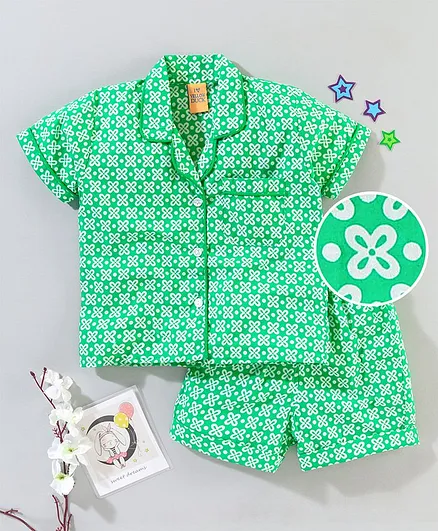 Yellow Duck Half Sleeves Night Suit Floral Print - Green