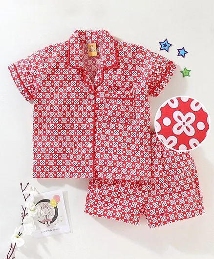 Yellow Duck Half Sleeves Night Suit Floral Print - Red