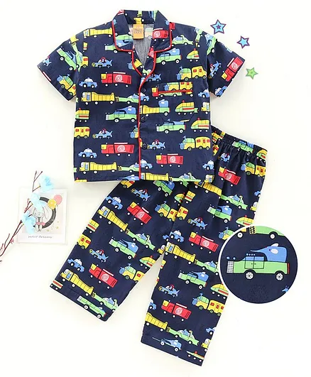 Yellow Duck Half Sleeves Night Suit Vehicle Print - Navy Blue