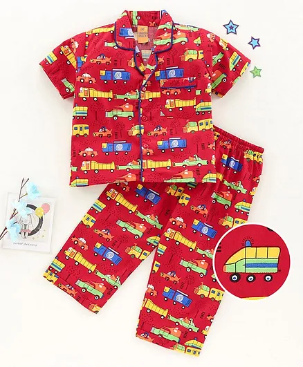 Yellow Duck Half Sleeves Night Suit Vehicle Print - Red