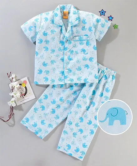 Yellow Duck Half Sleeves Night Suit Elephant Print - Light Blue