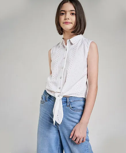 AND Girl Sleeveless Schiffli Front Knot Top - White