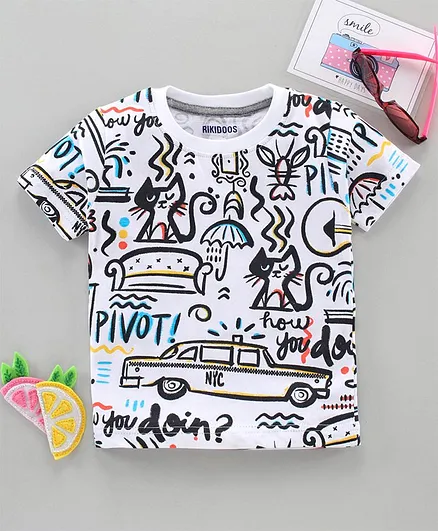 Rikidoos Half Sleeves Car Print T-Shirt - Grey White