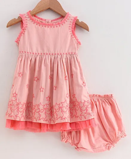 Babyoye Sleeveless Frock With Bloomer Stars Embroidery - Pink