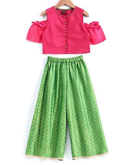 Twisha Half Sleeves Cold Shoulder Top With Chevron Print Palazzo - Pink & Green