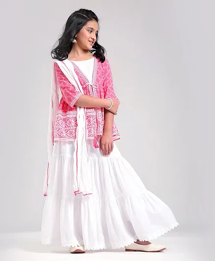 Pine Kids Printed Angarkha Top With Lehenga & Dupatta - Pink