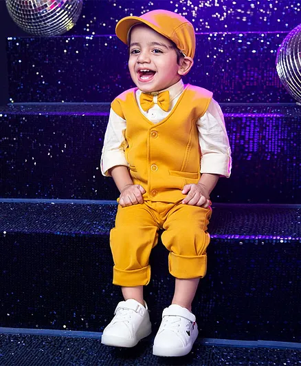 Robo Fry Full Sleeves Party Suit with Bow and Cap - Yellow