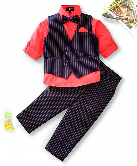Robo Fry Full Sleeves Striped Party Suit with Bow - Blue Red