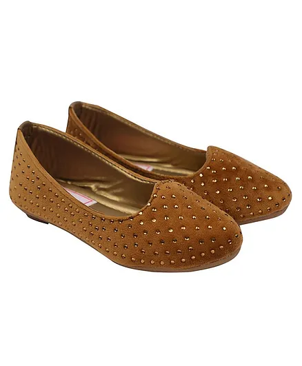 Buckled Up Velvet Embellished Ballerinas - Brown