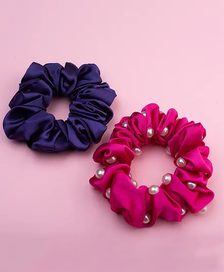 Ribbon candy Set Of 2 Satin Solid & Pearl Detailing Scrunchie - Blue & Pink