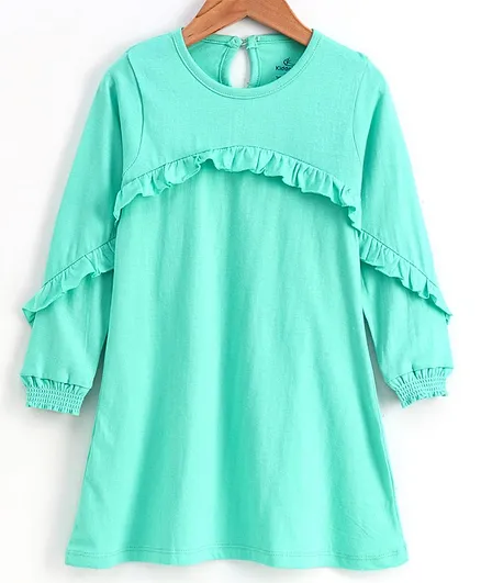 Kiddopanti Full Sleeves Solid Colour Frill Detailing Dress - Green