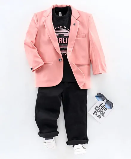Dapper Dudes Full Sleeves Blazer With Printed Tee & Pants Set - Pink