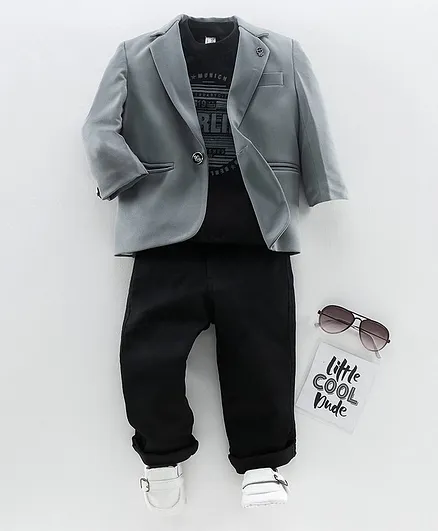Dapper Dudes Full Sleeves Blazer With Printed Tee & Pants Set - Grey