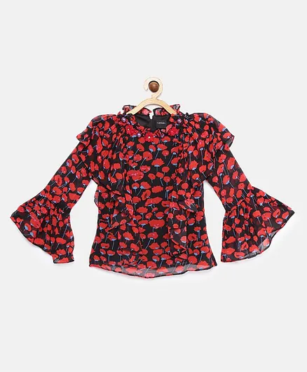 Tiny Girl Full Bell Sleeves Floral Print Top - Red
