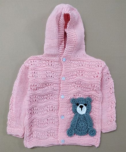 Knit Masters Full Sleeves Teddy Design Hoodie Sweater - Peach