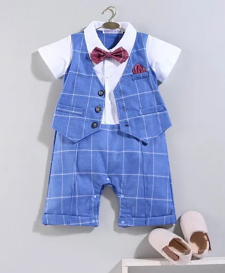 Mark & Mia Half Sleeves Party Wear Checks Romper with Bow - Blue