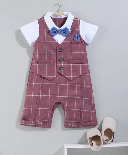 Mark & Mia Half Sleeves Party Wear Checks Romper with Bow - Red