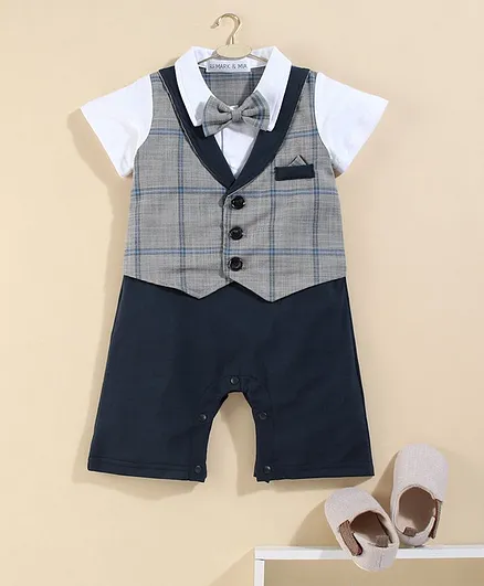 Mark & Mia Half Sleeves Party Wear Checks Romper with Bow - Blue