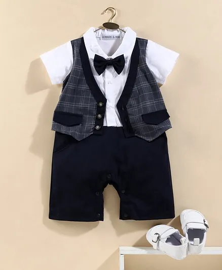 Mark & Mia Half Checks Party Romper with Bow Tie - Navy Blue White