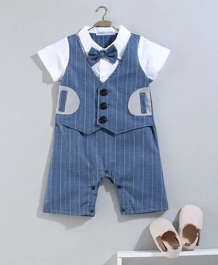 Mark & Mia Half Sleeves Party Wear Striped Romper with Bow - Blue