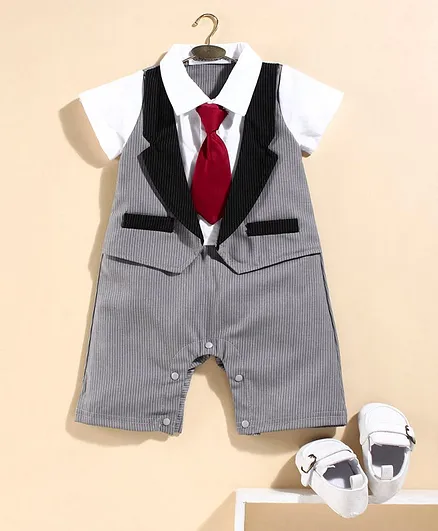 Mark & Mia Half Sleeves Party Wear Striped Romper with Bow - Grey