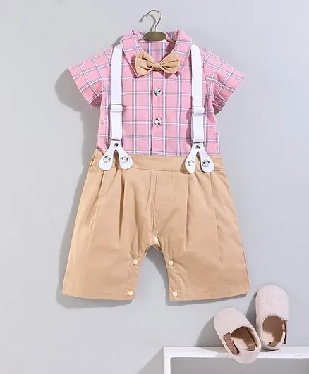 Mark & Mia Half Sleeves Checks Party Romper with Bow Tie & Suspenders - Pink Light Brown