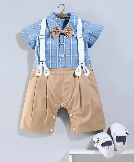 Mark & Mia Half Sleeves Checks Party Romper with Bow Tie & Suspenders - Blue Light Brown
