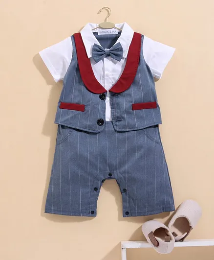 Mark & Mia Half Striped Party Romper with Bow Tie - Blue White