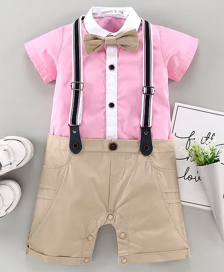 Mark & Mia Half Sleeves Romper with Bow & Suspenders - Pink
