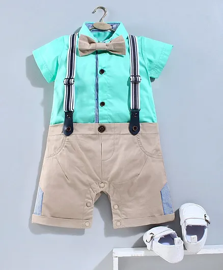 Mark & Mia Half Sleeves Solid Party Romper with Bow Tie & Suspenders - Green Brown