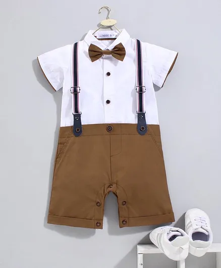 Mark & Mia Half Sleeves Romper with Bow & Suspenders - White Brown