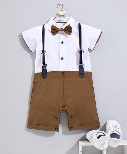 Mark & Mia Half Sleeves Romper with Bow & Suspenders - White Brown