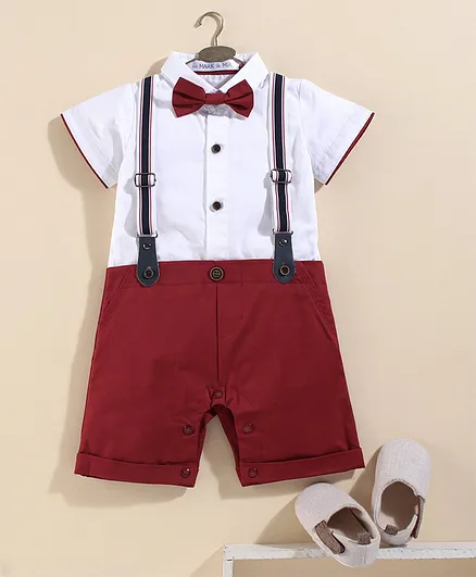 Mark & Mia Half Sleeves Romper with Bow & Suspenders - White Maroon