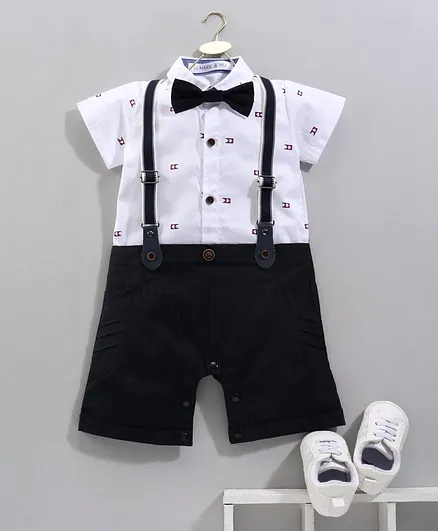 Mark & Mia Half Sleeves Printed Romper with Bow & Suspenders - White Navy