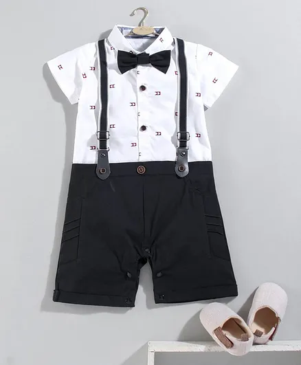 Mark & Mia Half Sleeves Printed Romper with Bow & Suspenders - White Navy