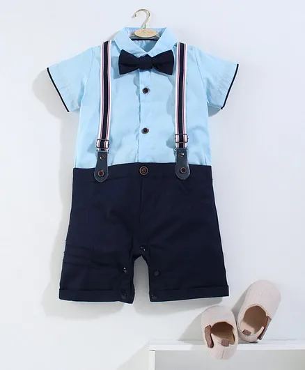 Mark & Mia Half Sleeves Romper with Bow & Suspenders - Blue