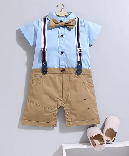 Mark & Mia Half Sleeves Romper with Bow & Suspender - Blue