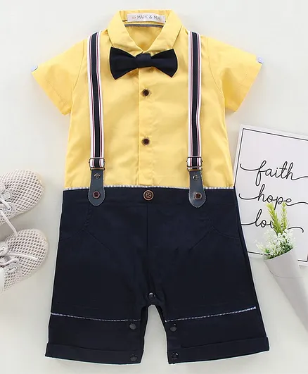 Mark & Mia Half Sleeves Romper with Bow & Suspenders - Yellow