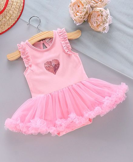 Mark & Mia Sleeveless Frock Style Onesie with Sequin Heart Patch - Pink