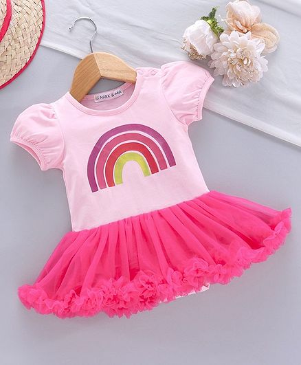 Mark & Mia Short Sleeves Frock Style Onesie Rainbow Print - Pink