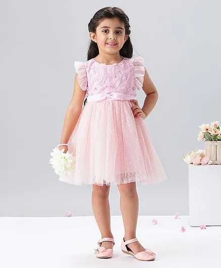 Mark & Mia Short Sleeves Frock with Floral Embroidered Bodice - Light Pink