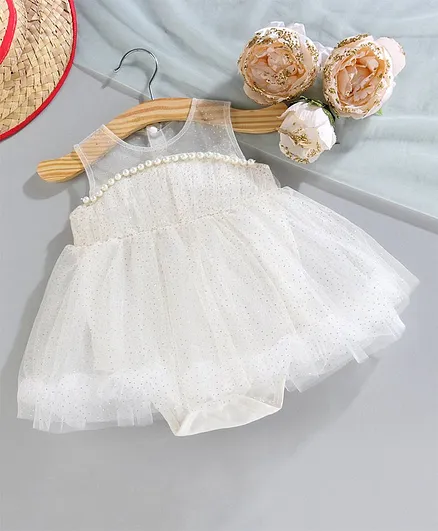 Mark & Mia Sleeveless Pearl Embellished Frock Style Onesie - White
