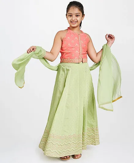 Global Desi Girl Flower Print Sleeveless Choli With Dupatta & Lehenga Set - Pink