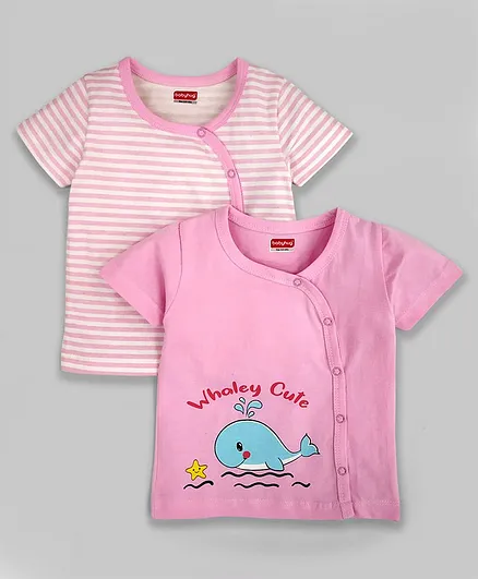 Babyhug 100% Cotton Half Sleeves Striped Vest Whale Print Pack of 2 - Pink