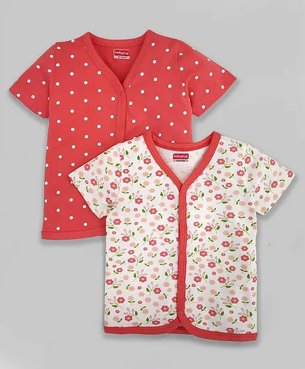 Babyhug 100% Cotton Half Sleeves Vests Floral & Dot Print Pack of 2 - Red White