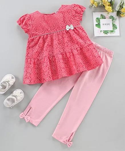 Babyhug Short Sleeves Top and Shorts Set Floral Embroidery - Pink